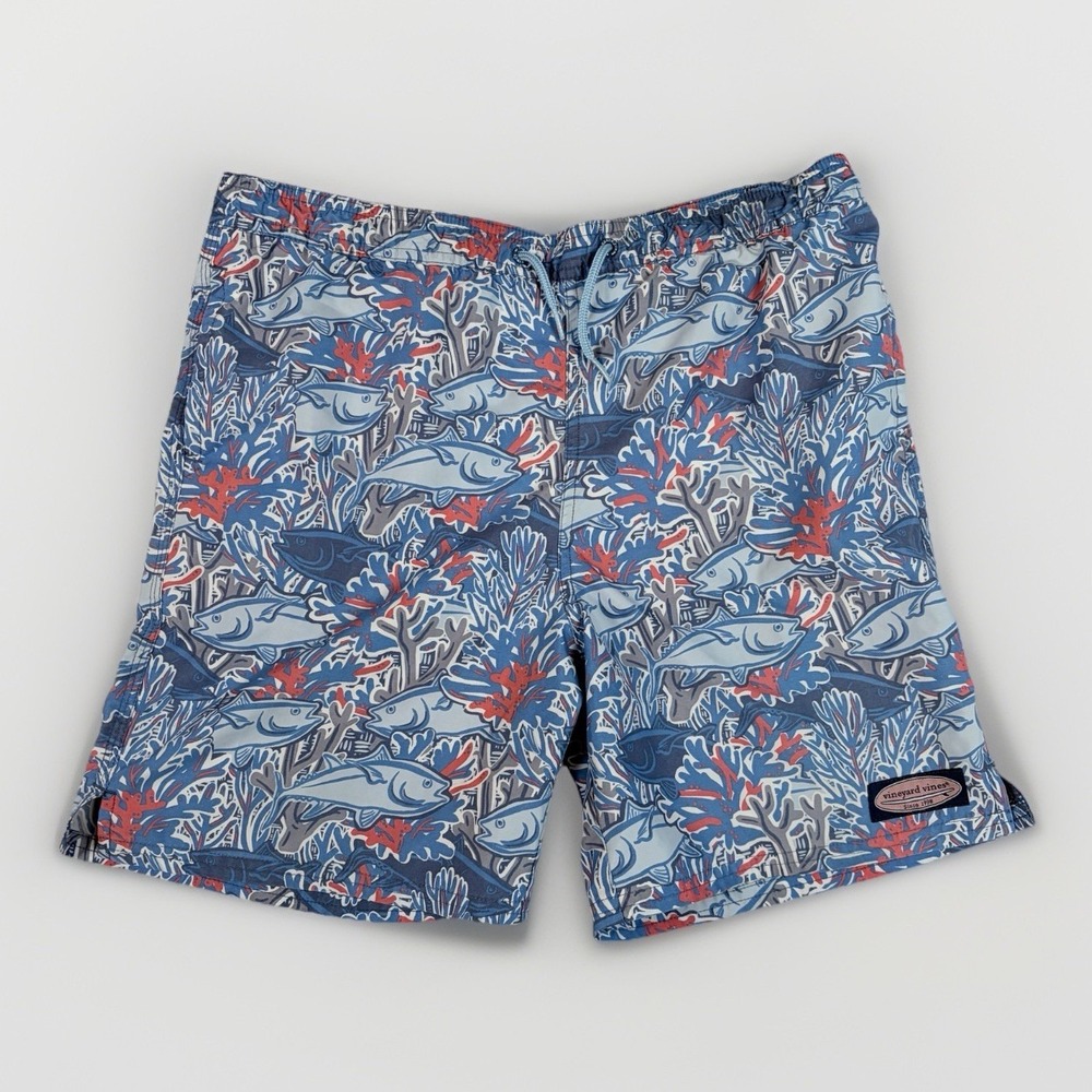 Vineyard Vines Printed Chappy Swim Trunks Boys Large Lined Fish Print Blue